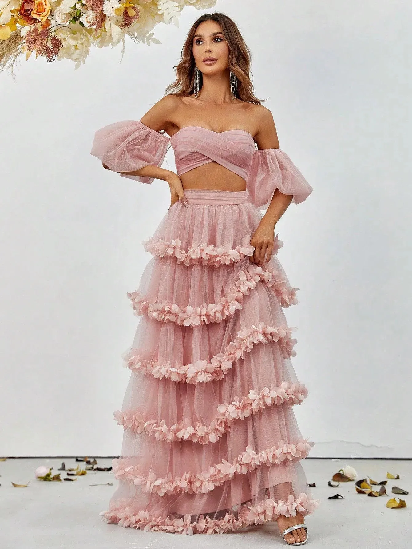 Off Shoulder Puff Sleeve Crop Top & Frill Trim Mesh Skirt