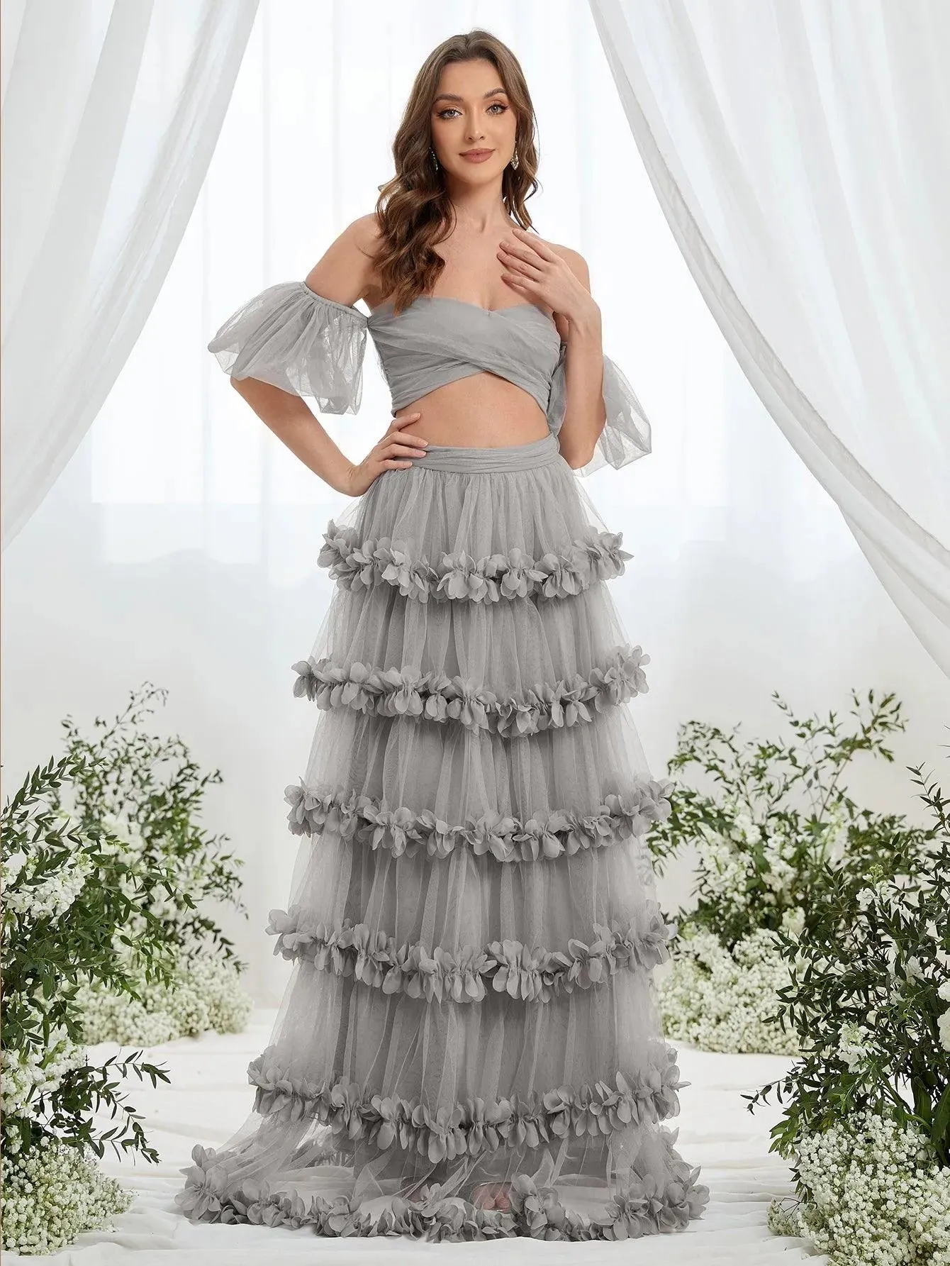 Off Shoulder Puff Sleeve Crop Top & Frill Trim Mesh Skirt