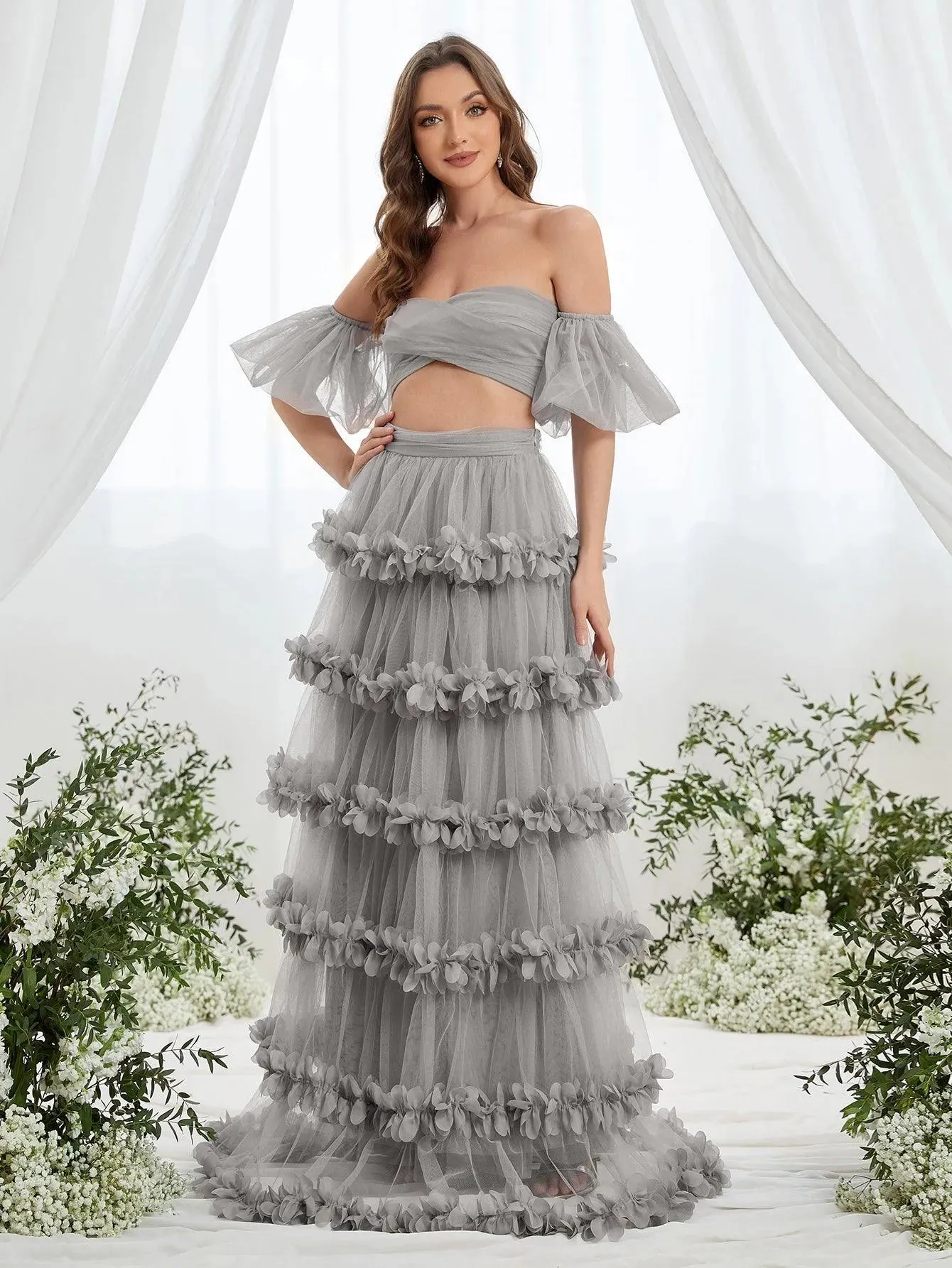 Off Shoulder Puff Sleeve Crop Top & Frill Trim Mesh Skirt