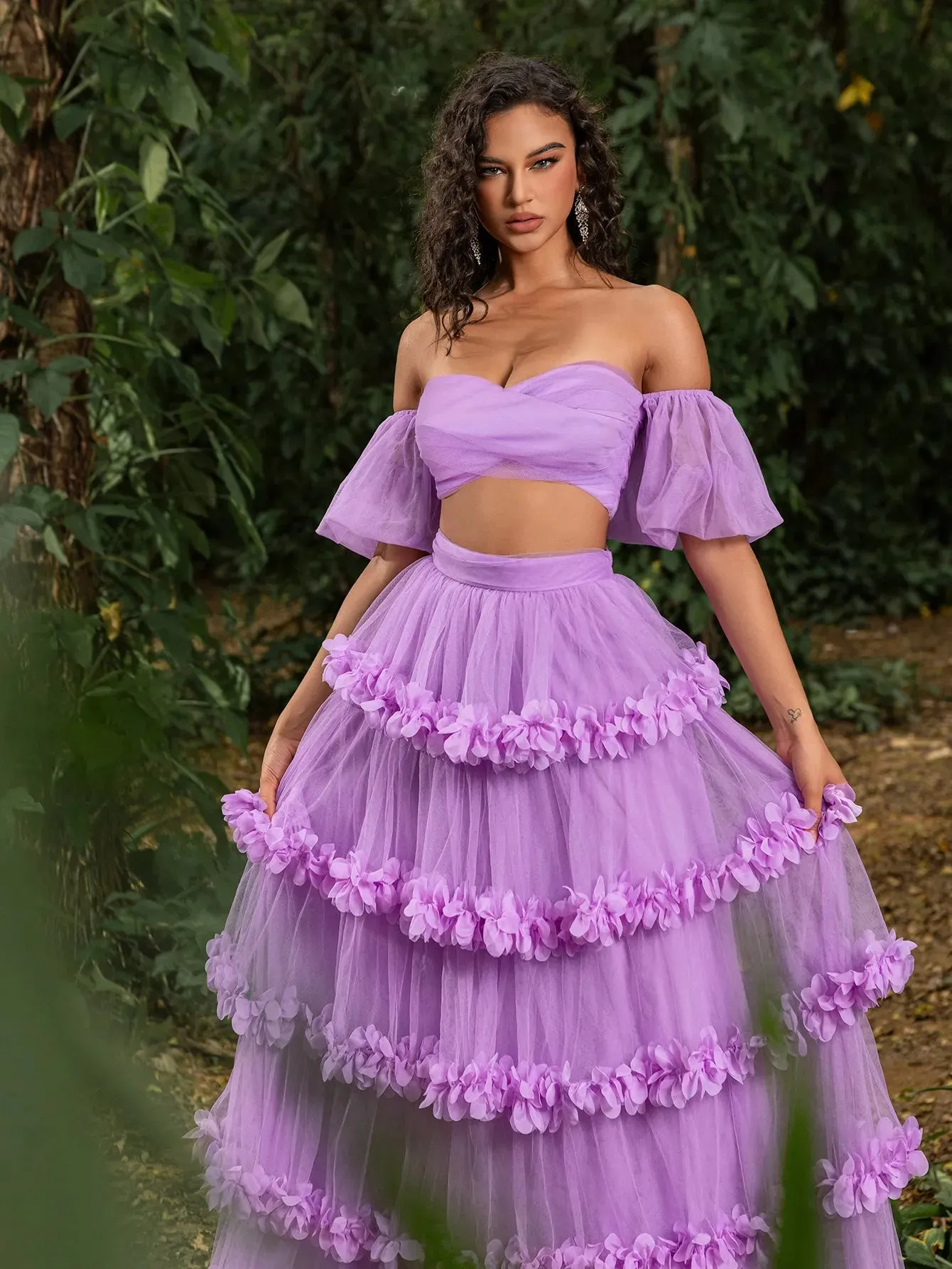 Off Shoulder Puff Sleeve Crop Top & Frill Trim Mesh Skirt