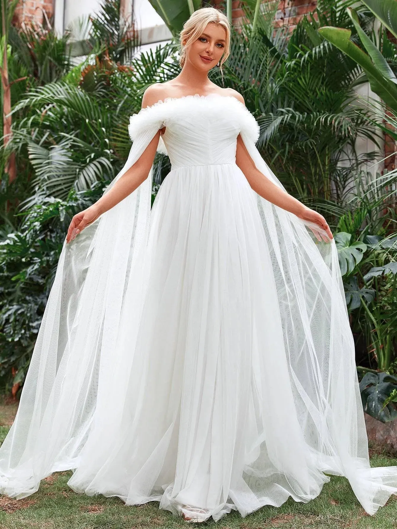 Off Shoulder Ruched Front Cloak Sleeve Mesh Wedding Dress