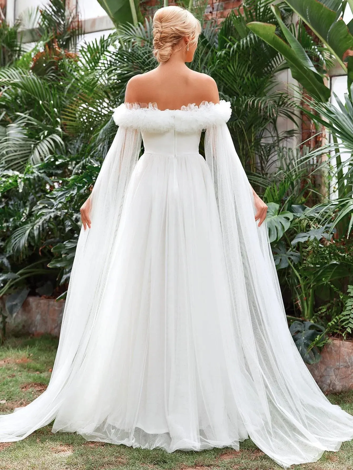 Off Shoulder Ruched Front Cloak Sleeve Mesh Wedding Dress