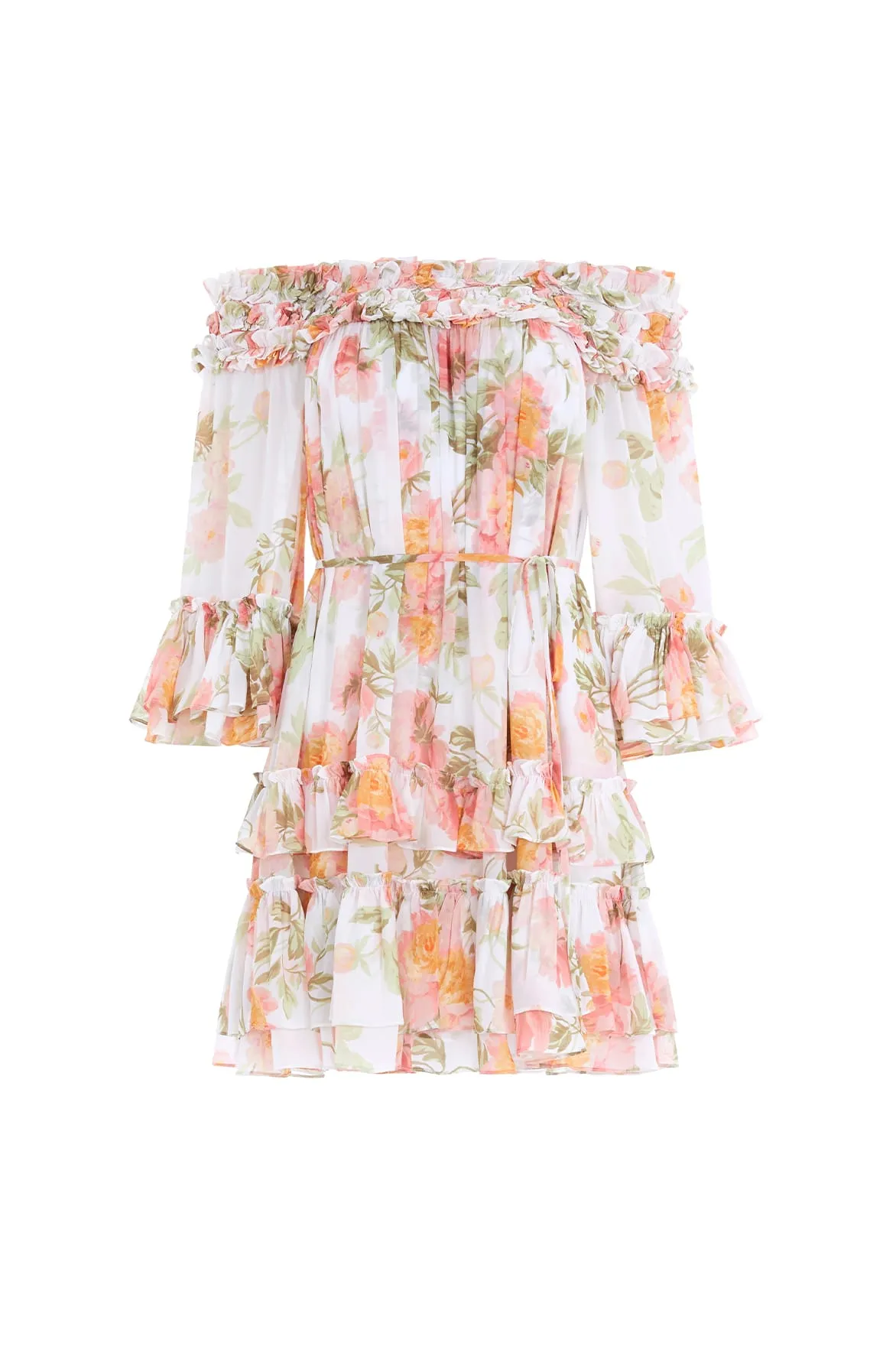 Peony Promise Chiffon Off-Shoulder Tiered Micro Mini Dress