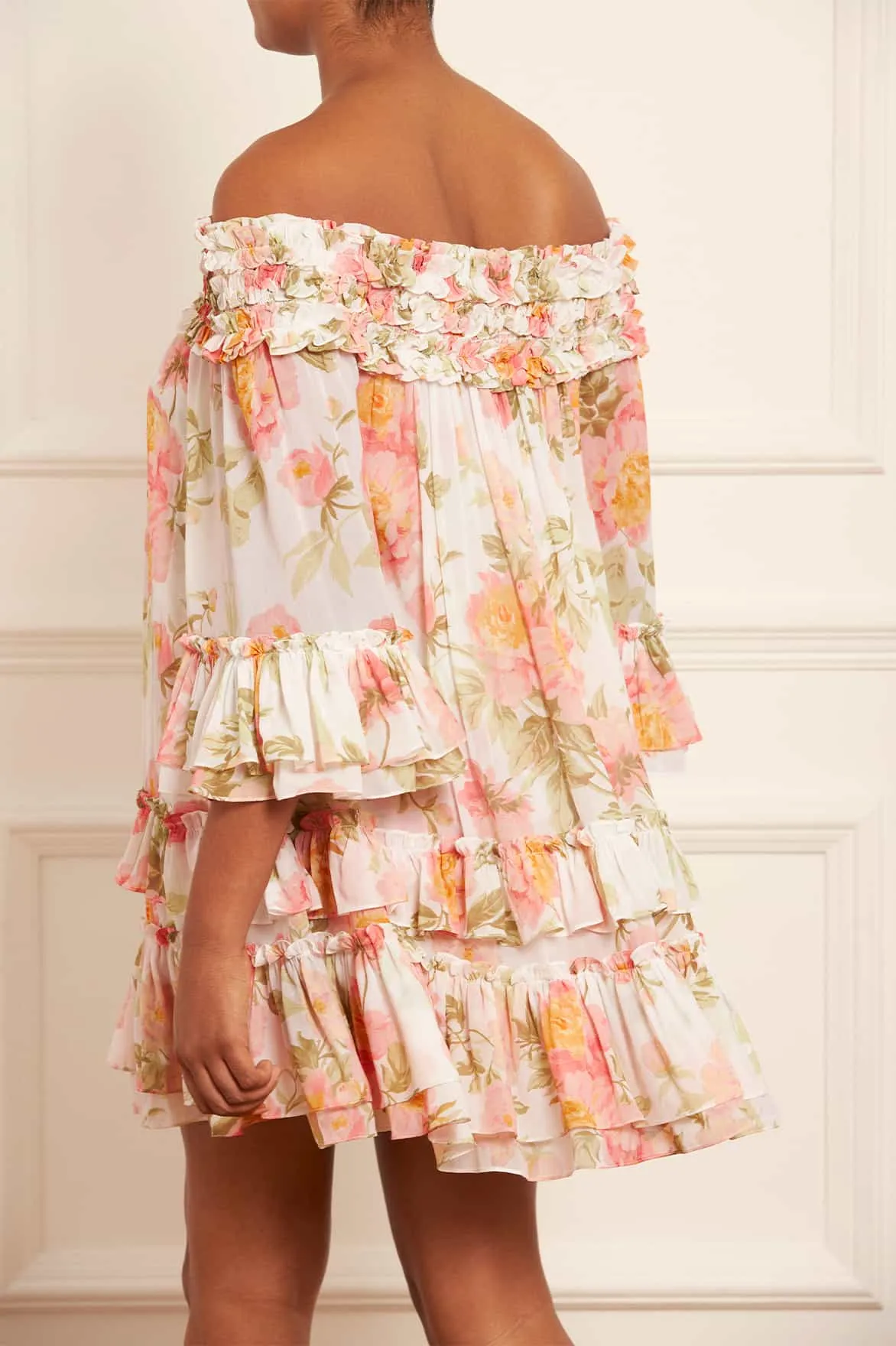 Peony Promise Chiffon Off-Shoulder Tiered Micro Mini Dress