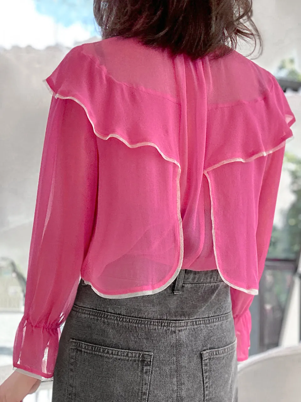 Pink Mesh Trim Stand Collar Silky Blouse