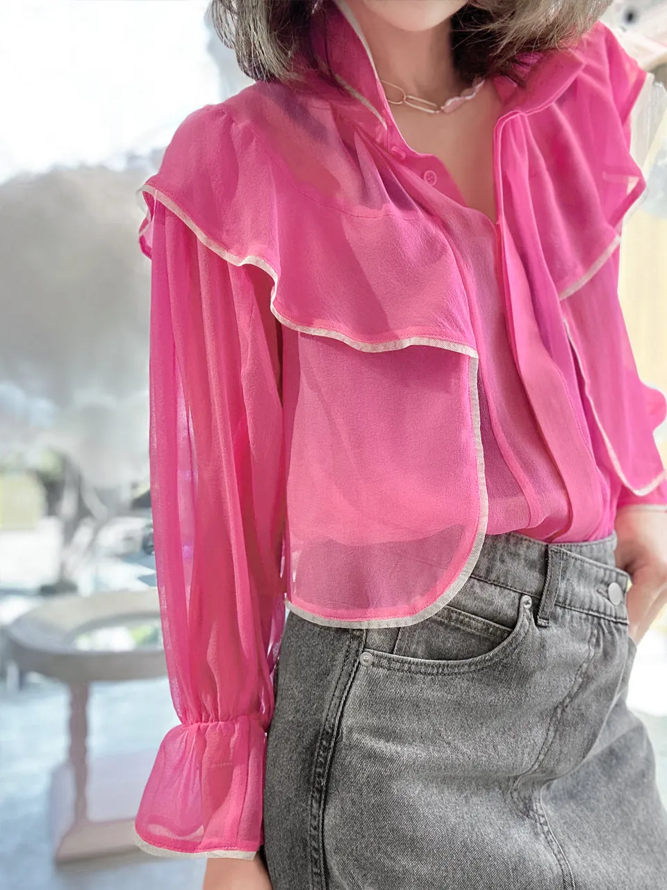 Pink Mesh Trim Stand Collar Silky Blouse