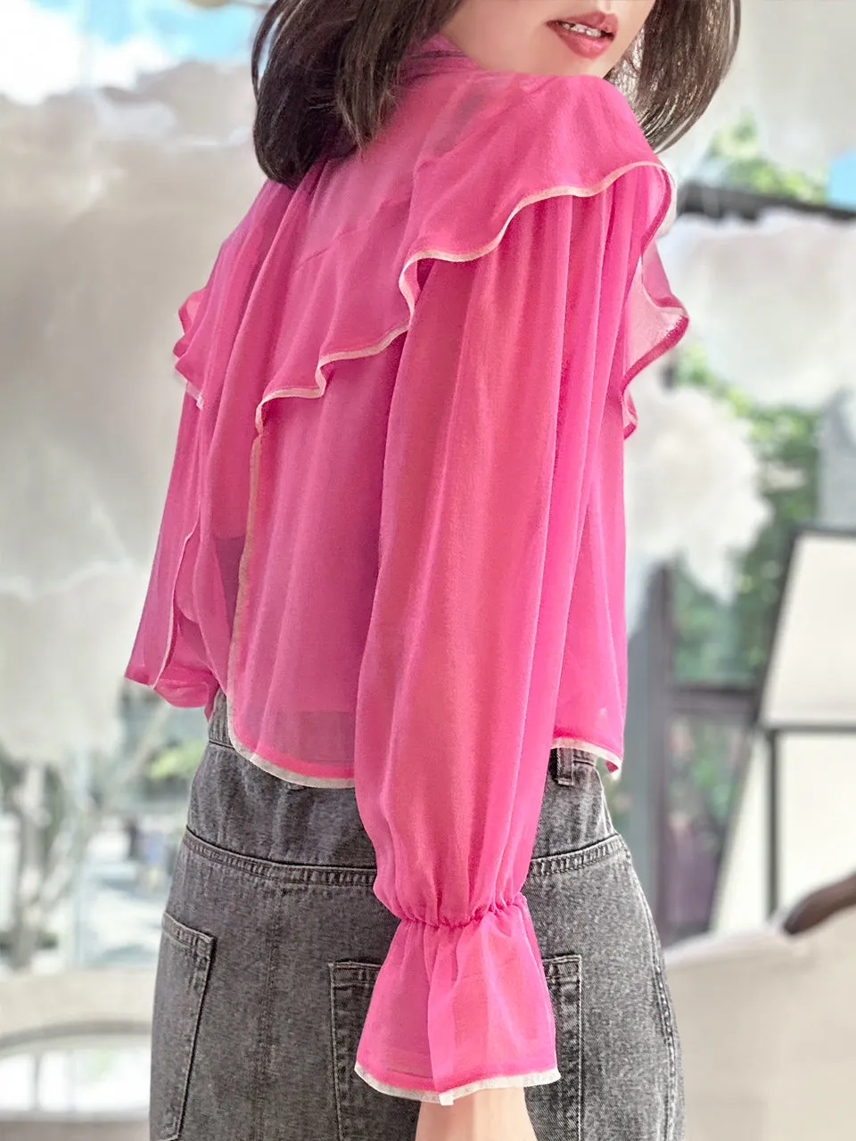 Pink Mesh Trim Stand Collar Silky Blouse