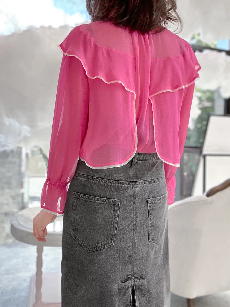 Pink Mesh Trim Stand Collar Silky Blouse