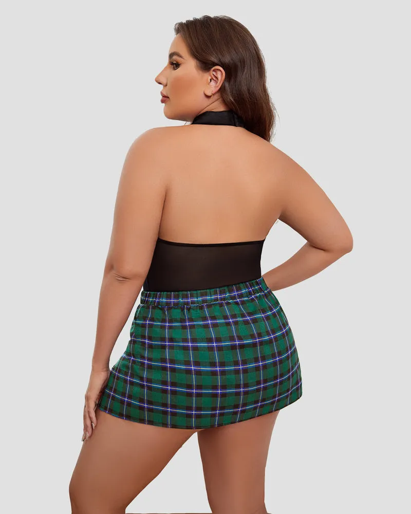 Plus Size Snap Crotch Bodysuit Plaid Skirt with Tie Halter