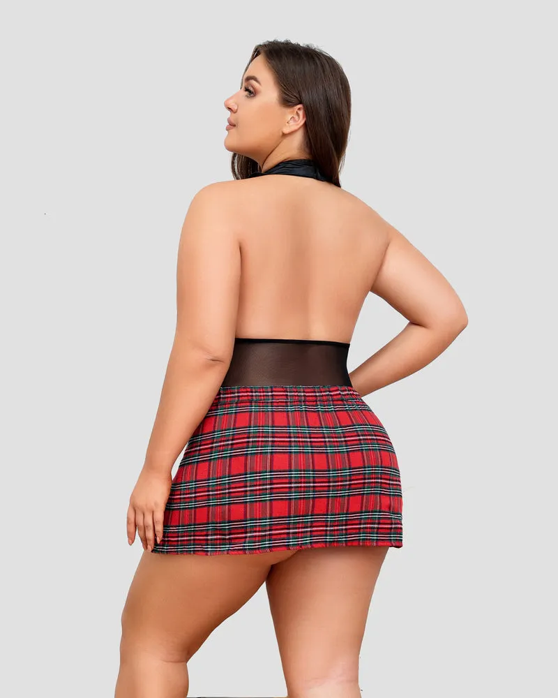 Plus Size Snap Crotch Bodysuit Plaid Skirt with Tie Halter