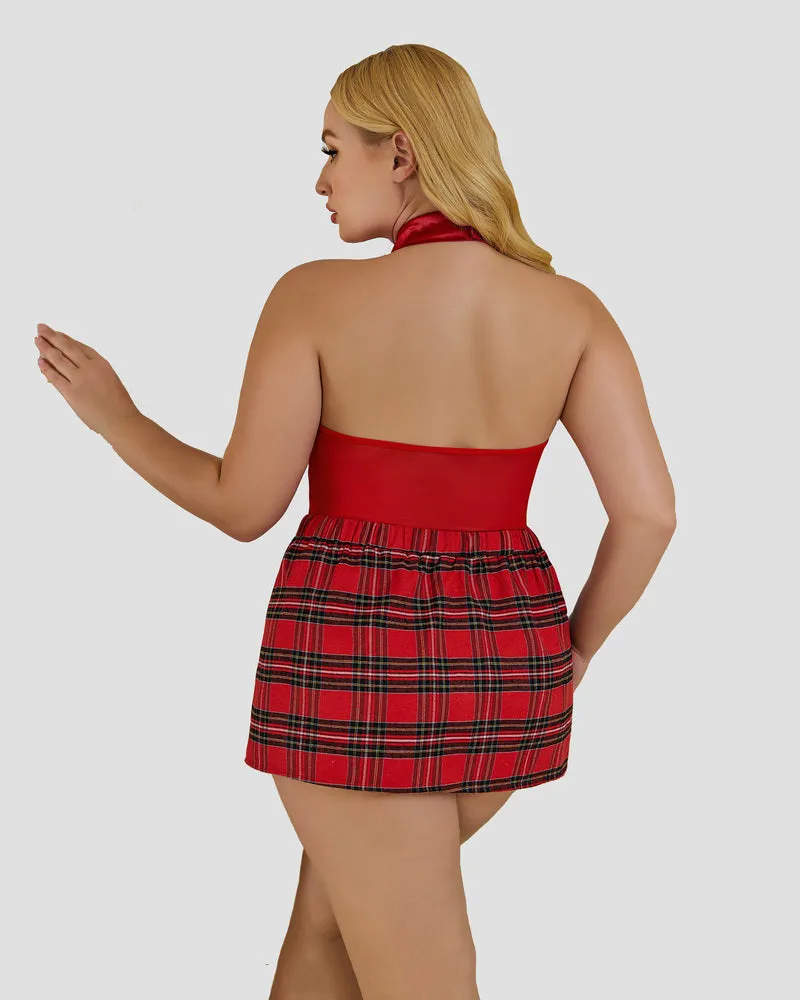 Plus Size Snap Crotch Bodysuit Plaid Skirt with Tie Halter