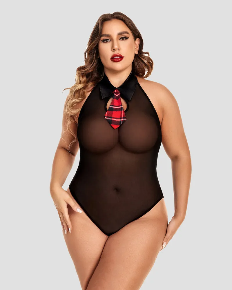 Plus Size Snap Crotch Bodysuit Plaid Skirt with Tie Halter