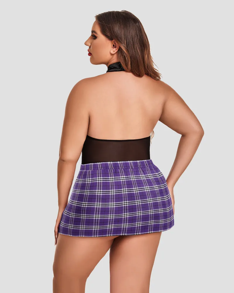 Plus Size Snap Crotch Bodysuit Plaid Skirt with Tie Halter