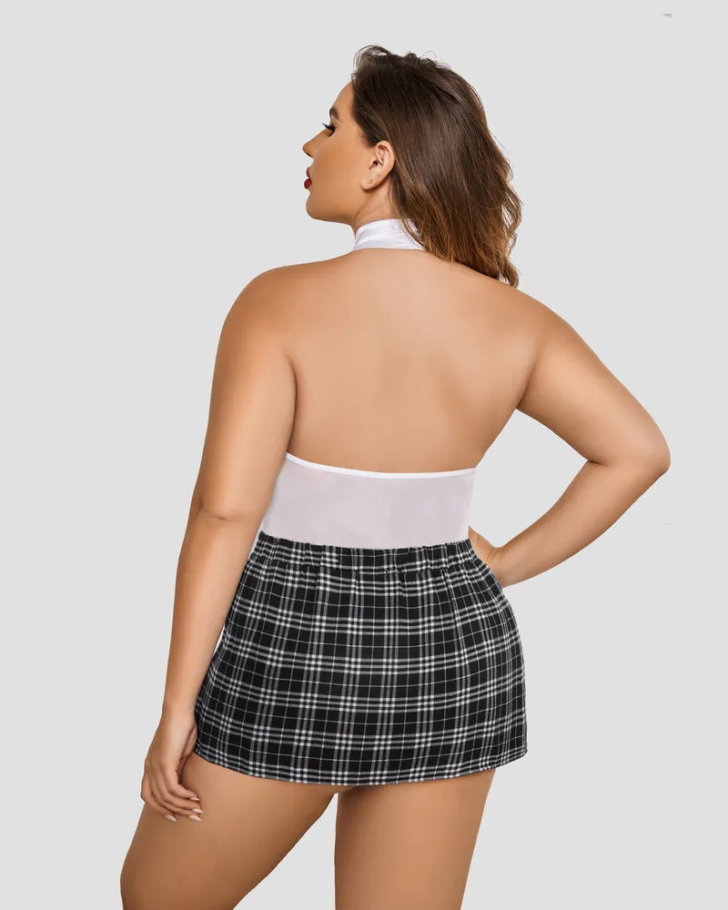 Plus Size Snap Crotch Bodysuit Plaid Skirt with Tie Halter