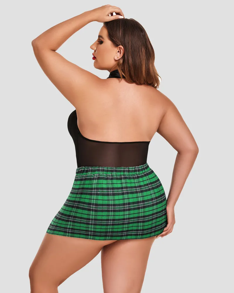 Plus Size Snap Crotch Bodysuit Plaid Skirt with Tie Halter