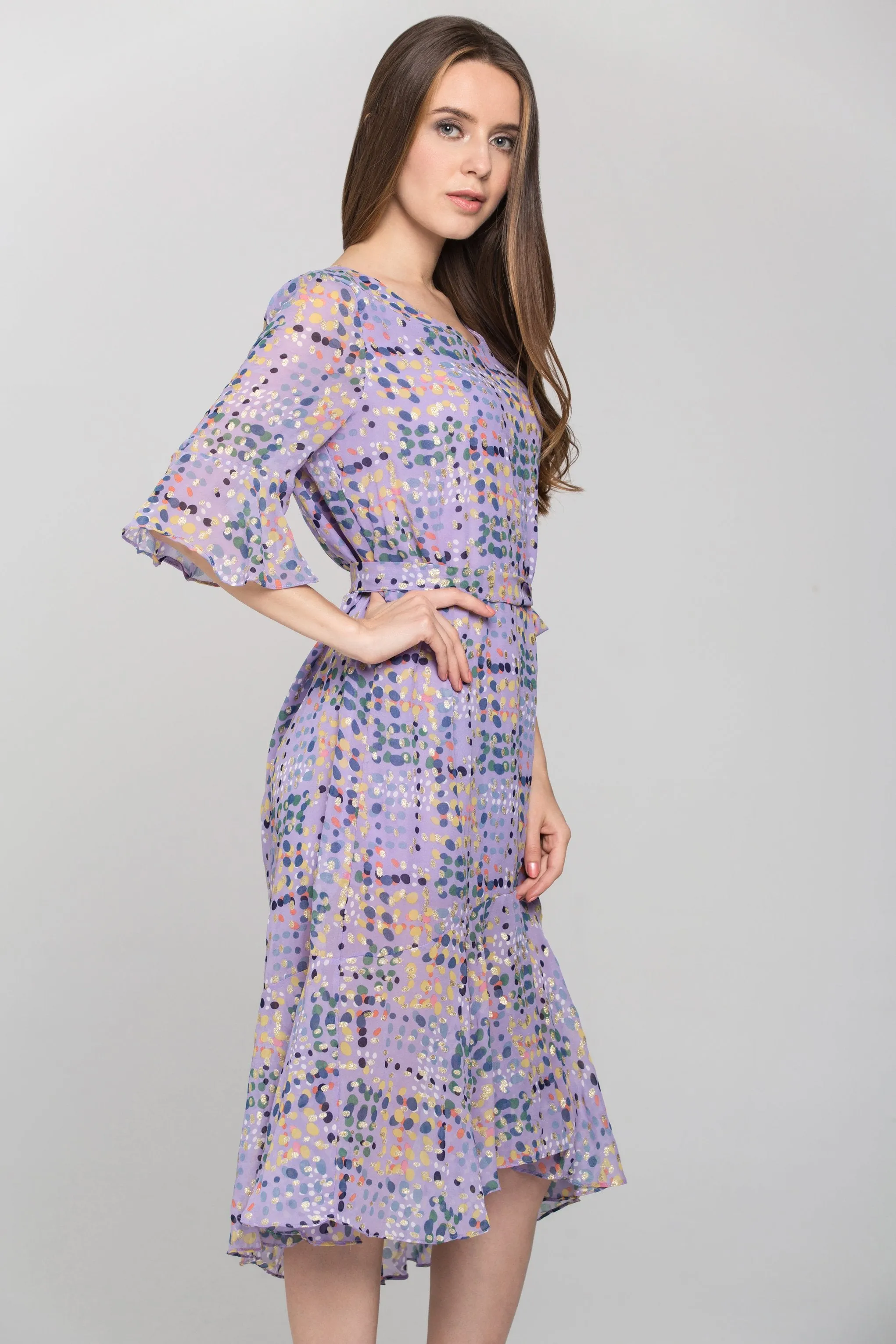 Purple Water Color Chiffon Midi Dress