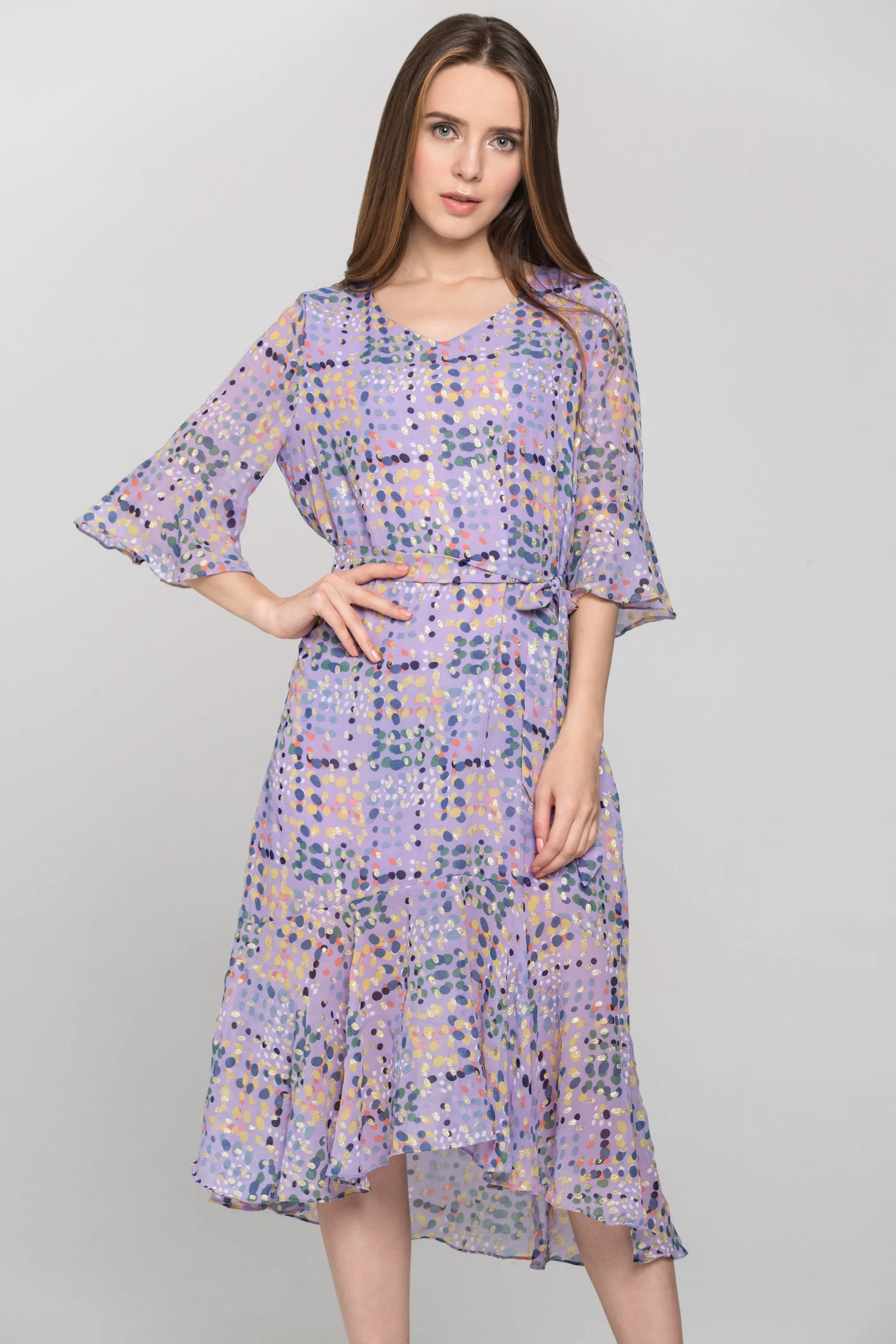 Purple Water Color Chiffon Midi Dress