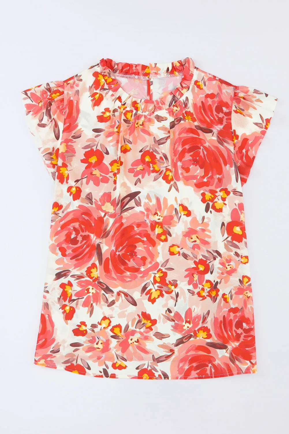 Red Plus Size Watercolor Floral Print Frill Neck Blouse