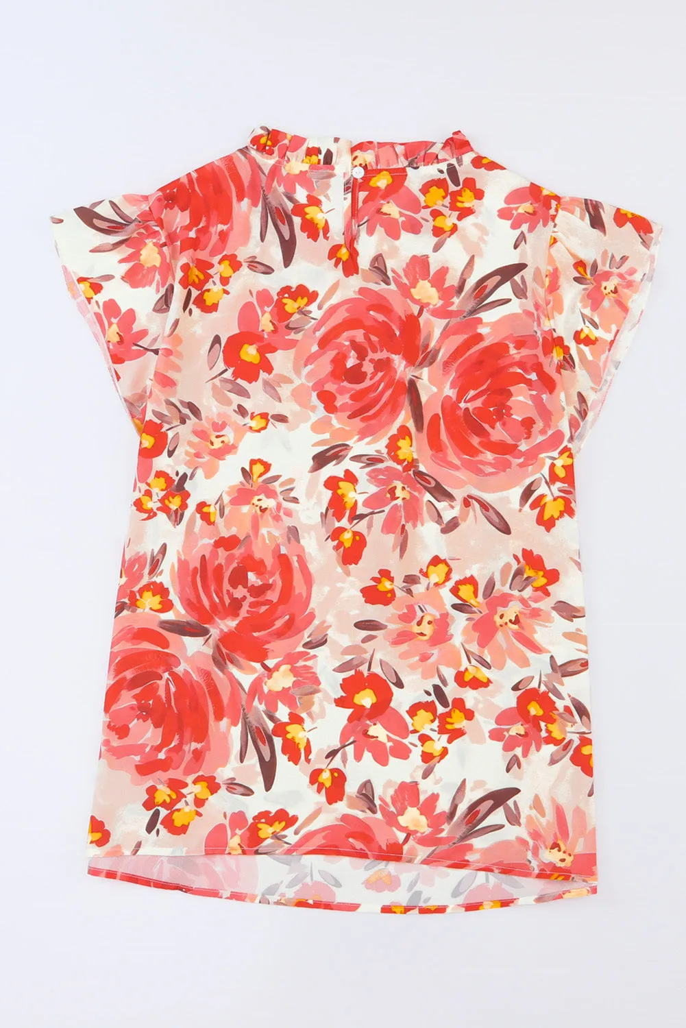 Red Plus Size Watercolor Floral Print Frill Neck Blouse