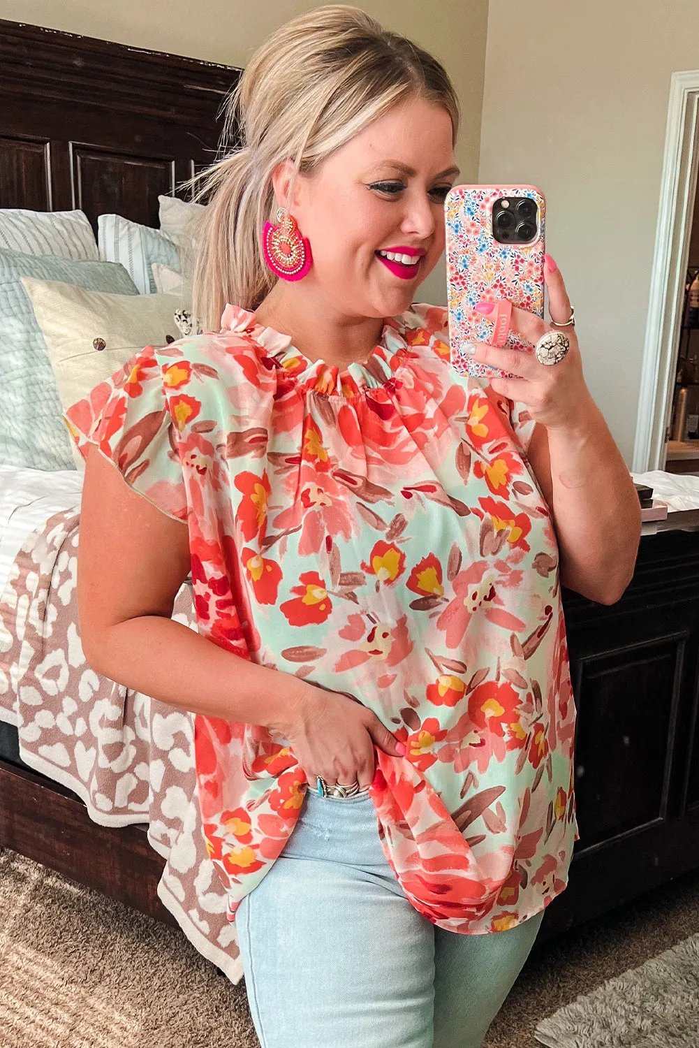 Red Plus Size Watercolor Floral Print Frill Neck Blouse