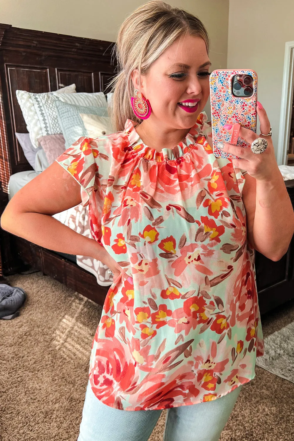 Red Plus Size Watercolor Floral Print Frill Neck Blouse