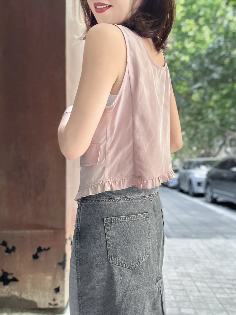 Soft Pink Linen Blend Ruffle Waistcoat Top