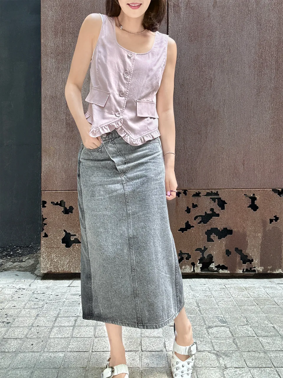 Soft Pink Linen Blend Ruffle Waistcoat Top