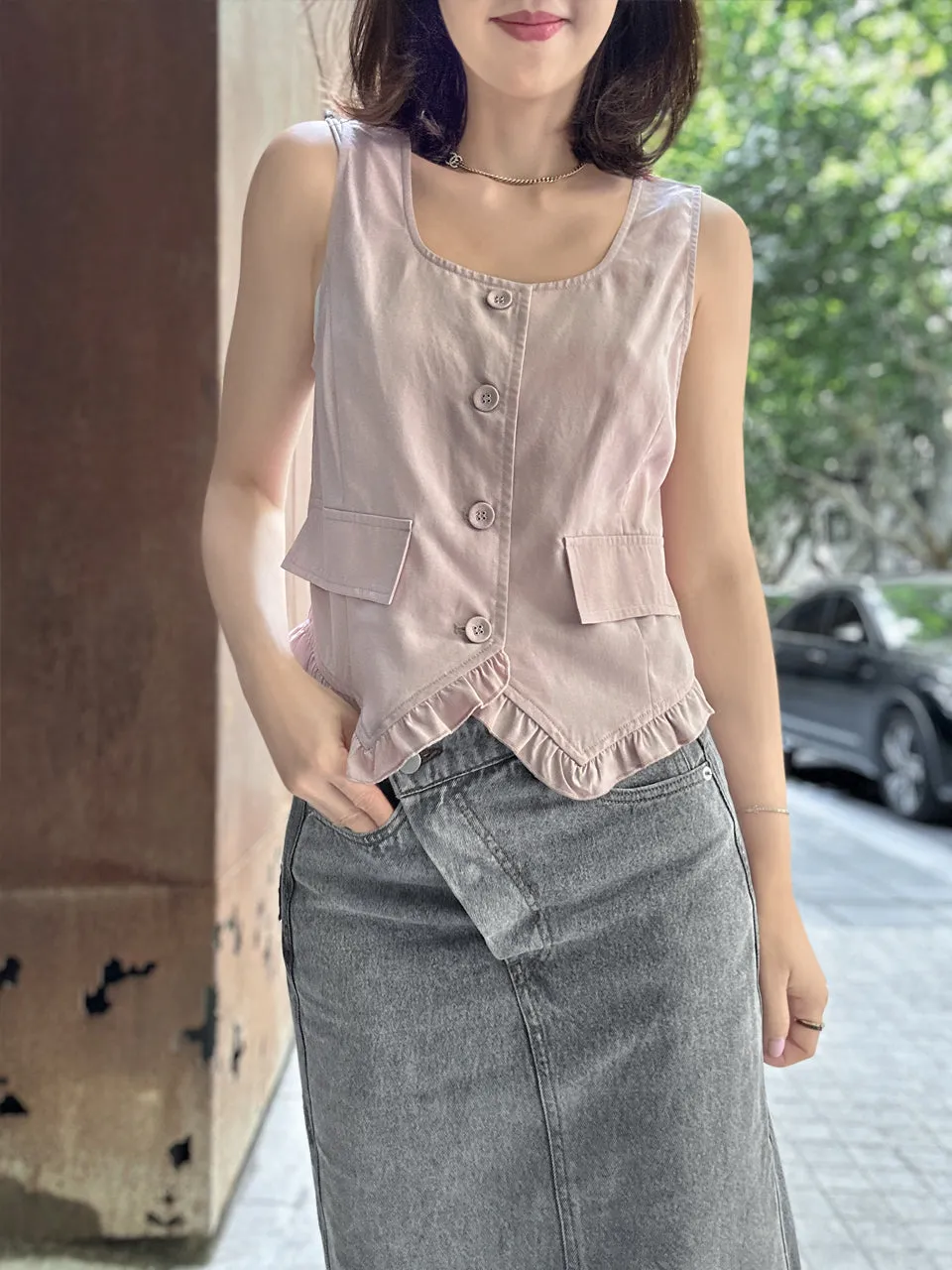 Soft Pink Linen Blend Ruffle Waistcoat Top