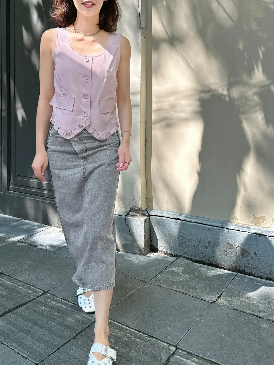 Soft Pink Linen Blend Ruffle Waistcoat Top