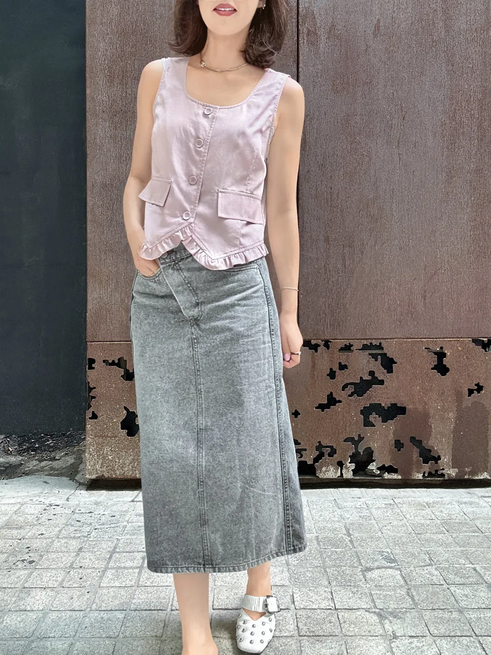 Soft Pink Linen Blend Ruffle Waistcoat Top