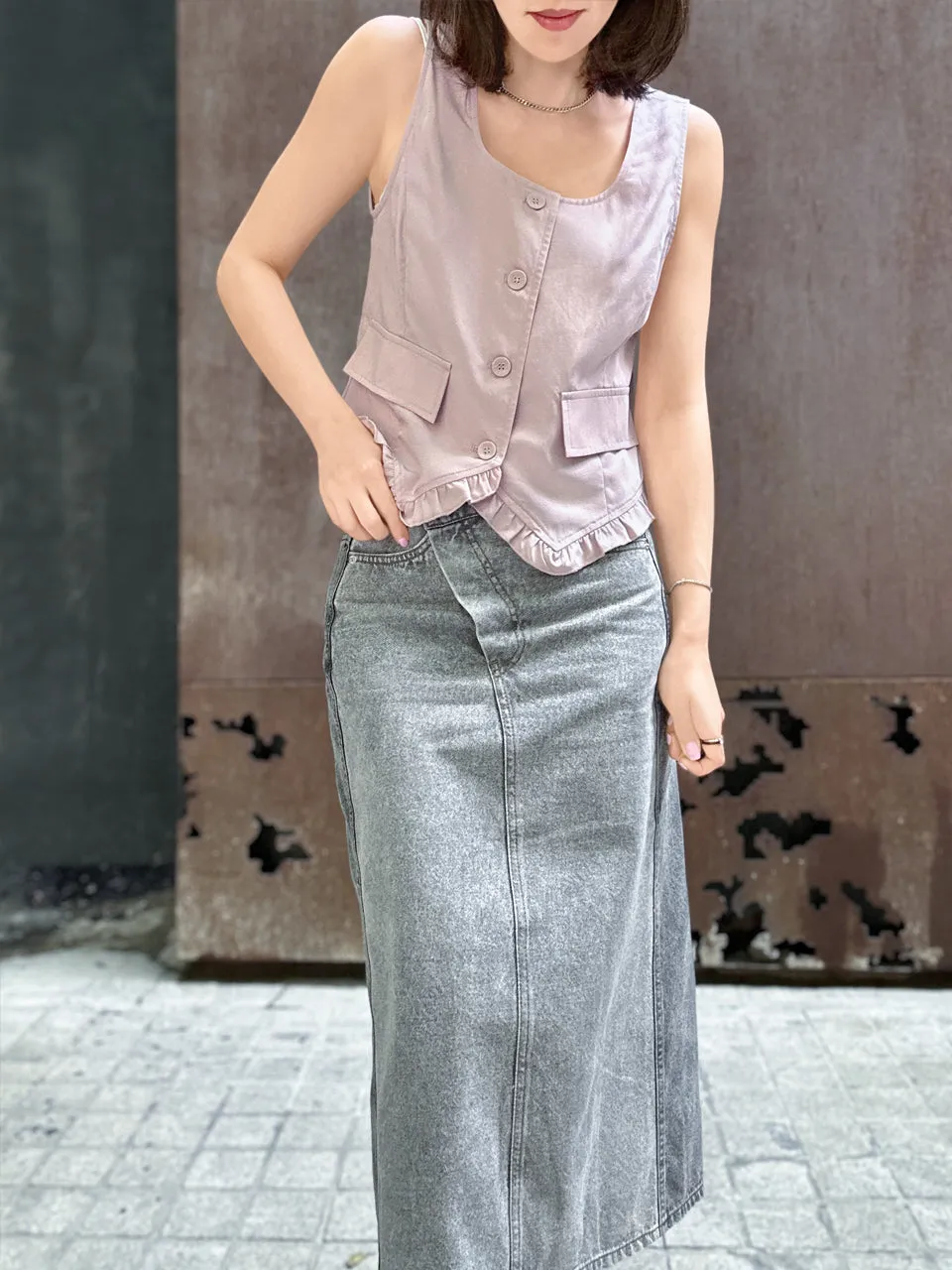 Soft Pink Linen Blend Ruffle Waistcoat Top