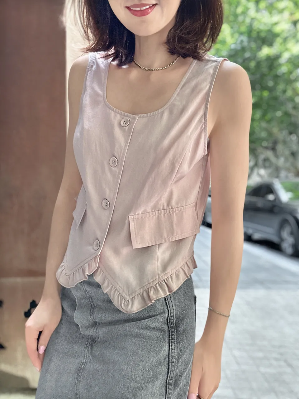 Soft Pink Linen Blend Ruffle Waistcoat Top