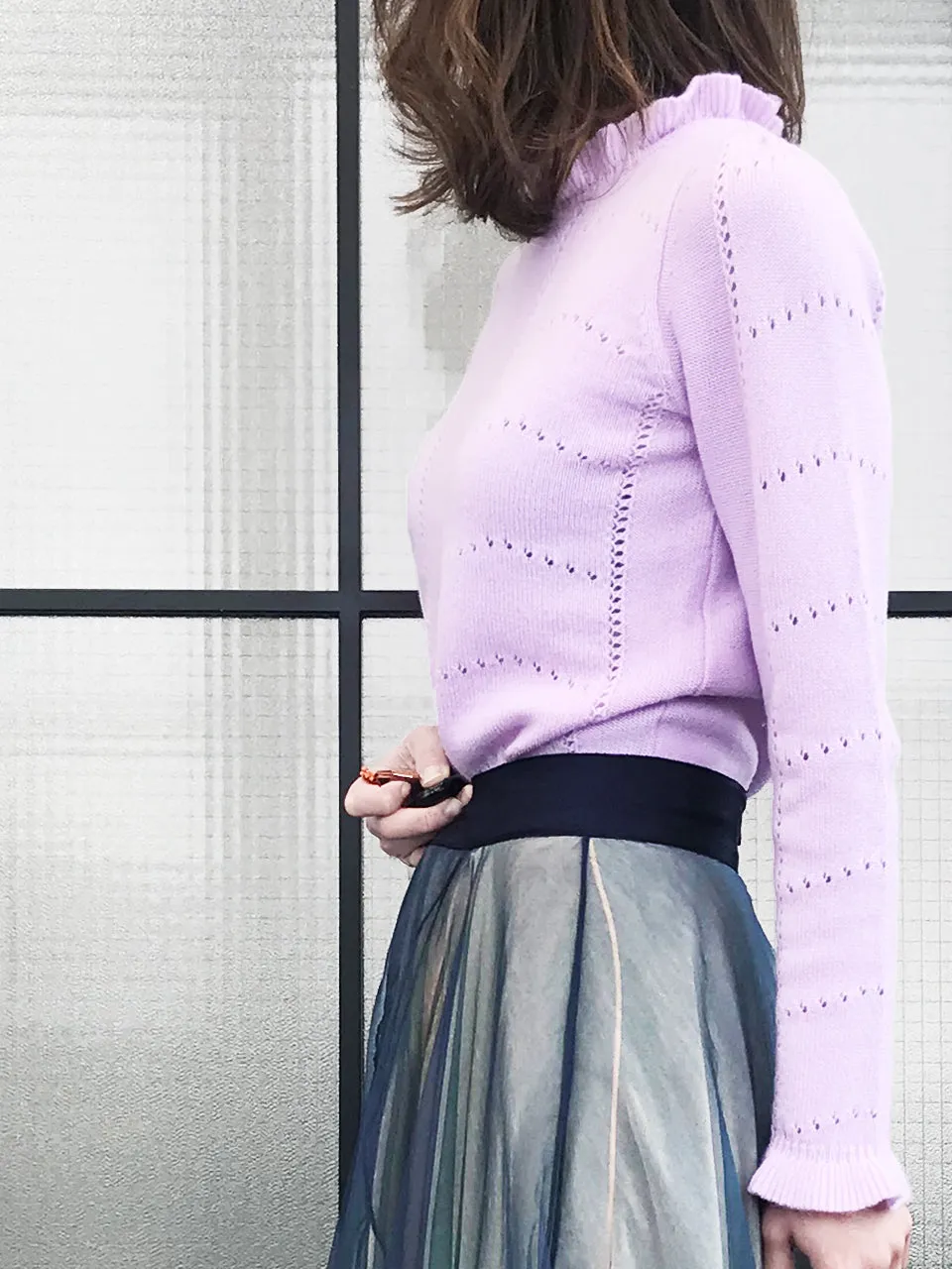 SPECIAL! Lilac Pink Frill Neck Double Stitch Cashmere Sweater