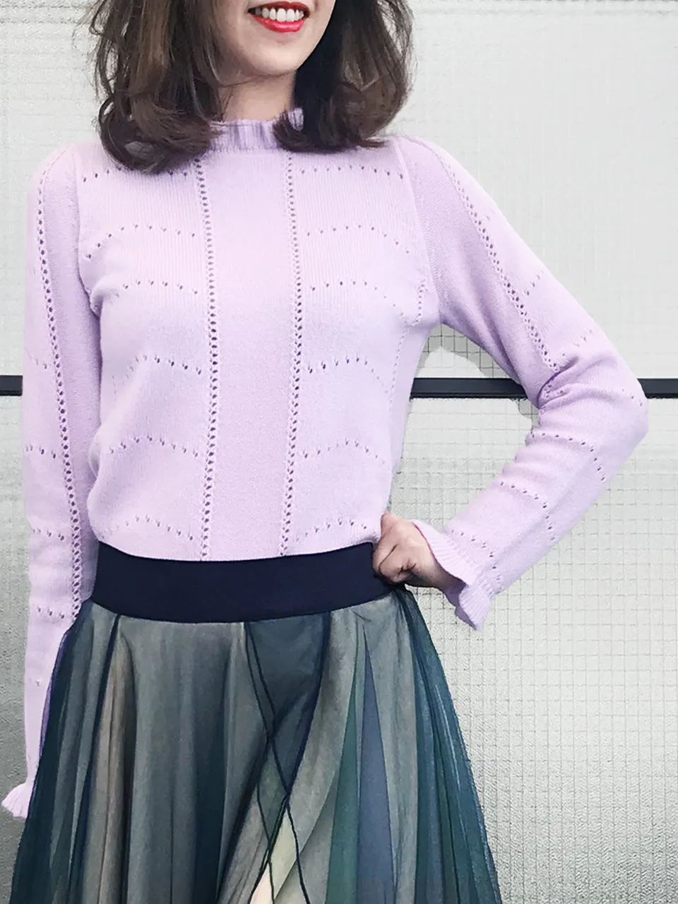 SPECIAL! Lilac Pink Frill Neck Double Stitch Cashmere Sweater