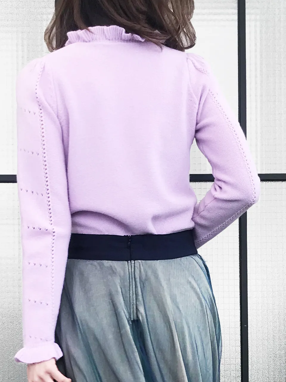 SPECIAL! Lilac Pink Frill Neck Double Stitch Cashmere Sweater