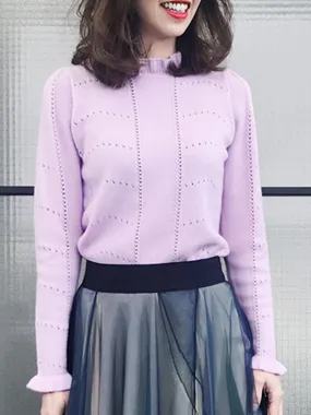 SPECIAL! Lilac Pink Frill Neck Double Stitch Cashmere Sweater