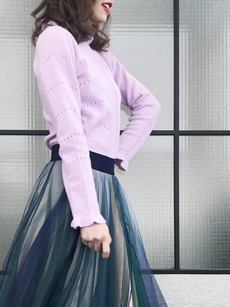 SPECIAL! Lilac Pink Frill Neck Double Stitch Cashmere Sweater