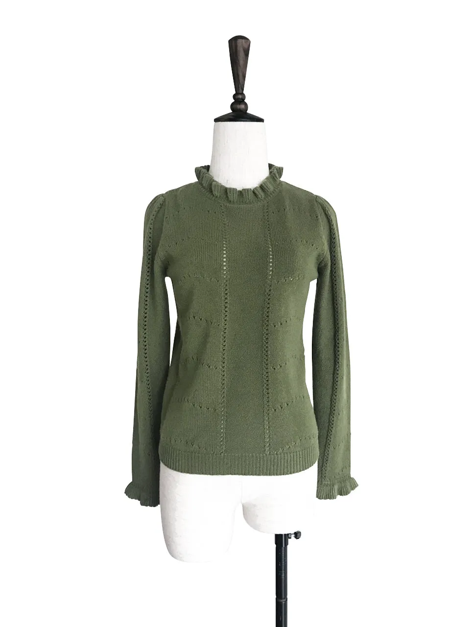 SPECIAL! Olive Green Frill Neck Double Stitch Cashmere Sweater