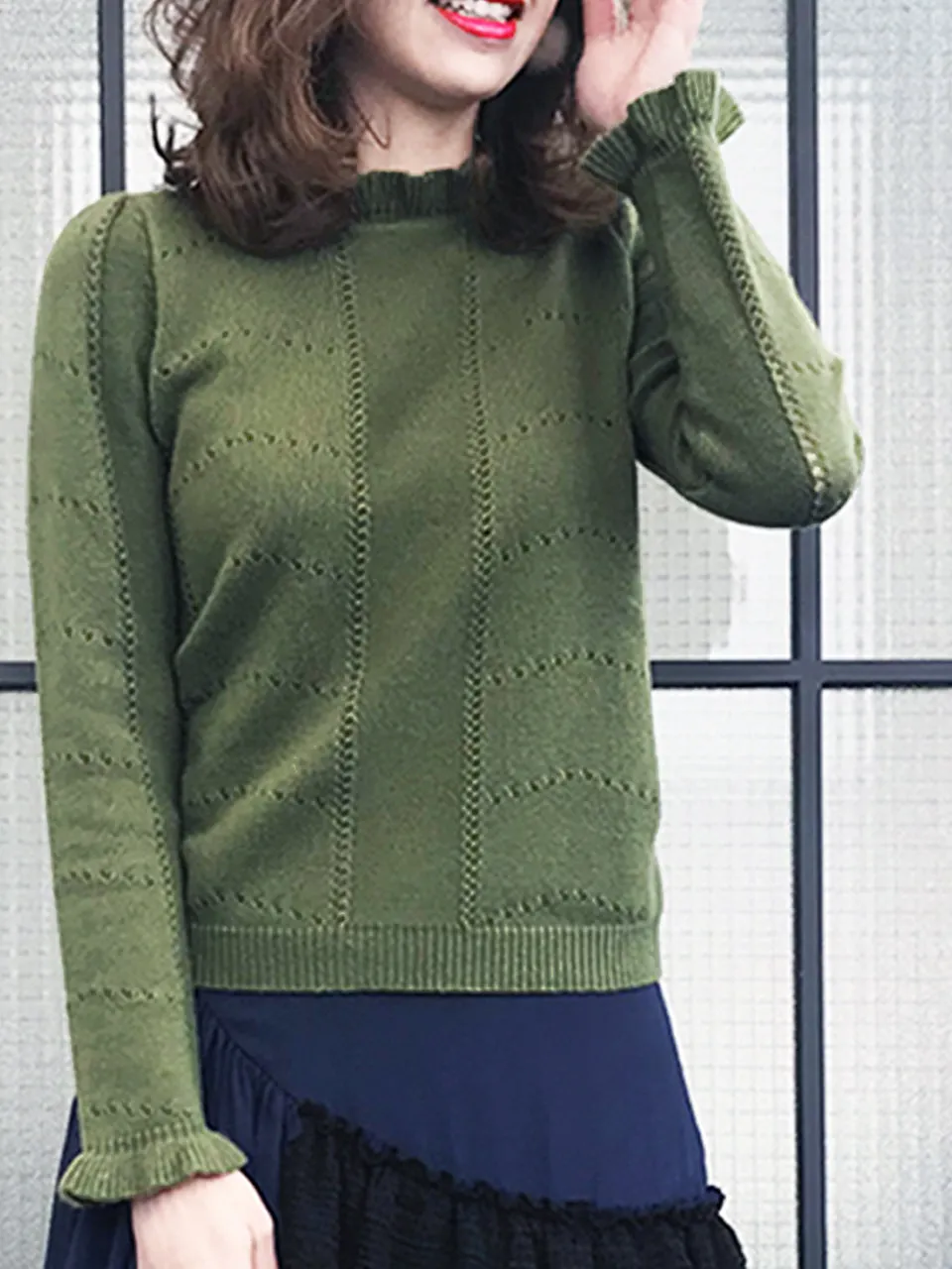 SPECIAL! Olive Green Frill Neck Double Stitch Cashmere Sweater