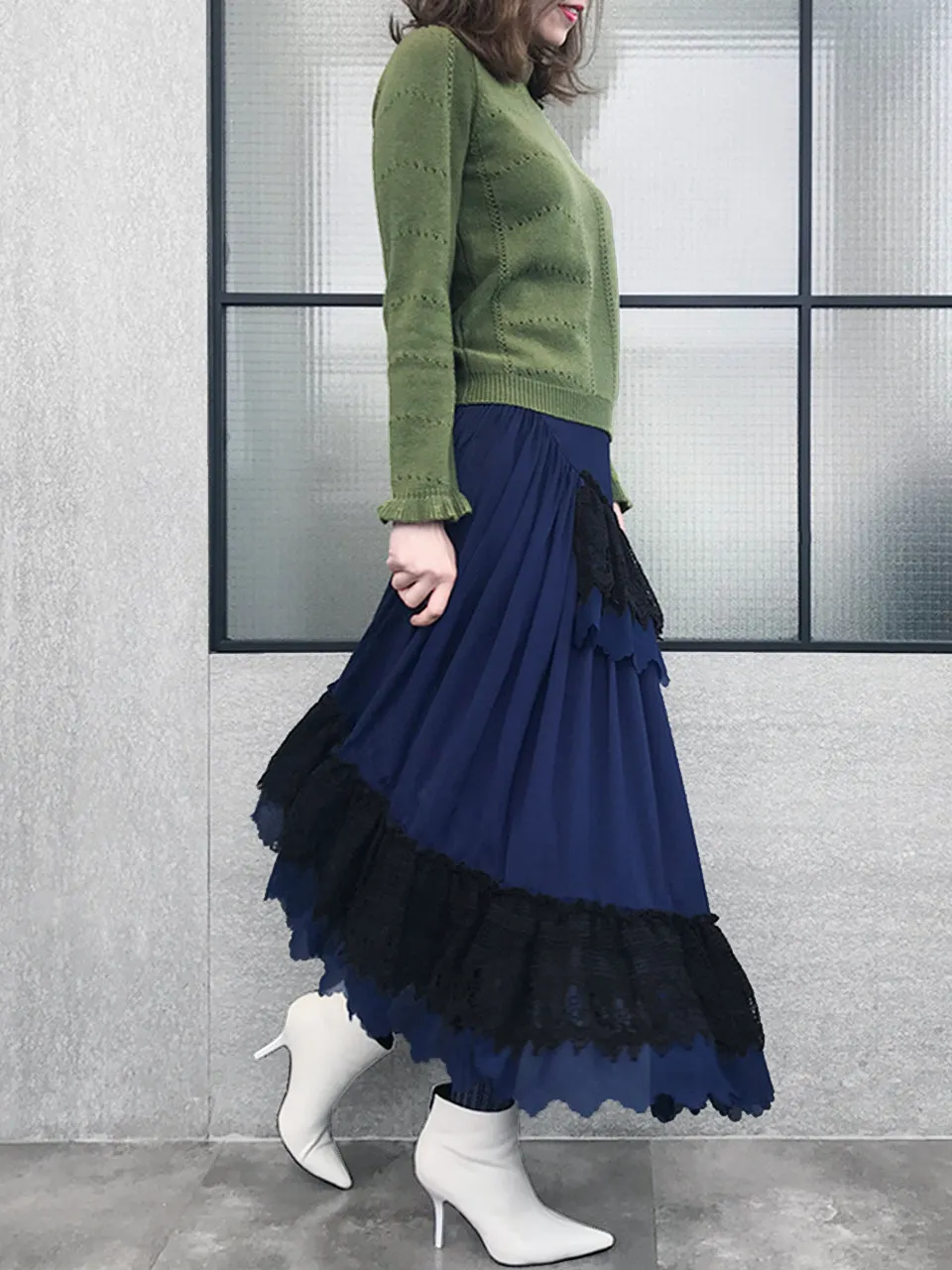 SPECIAL! Olive Green Frill Neck Double Stitch Cashmere Sweater