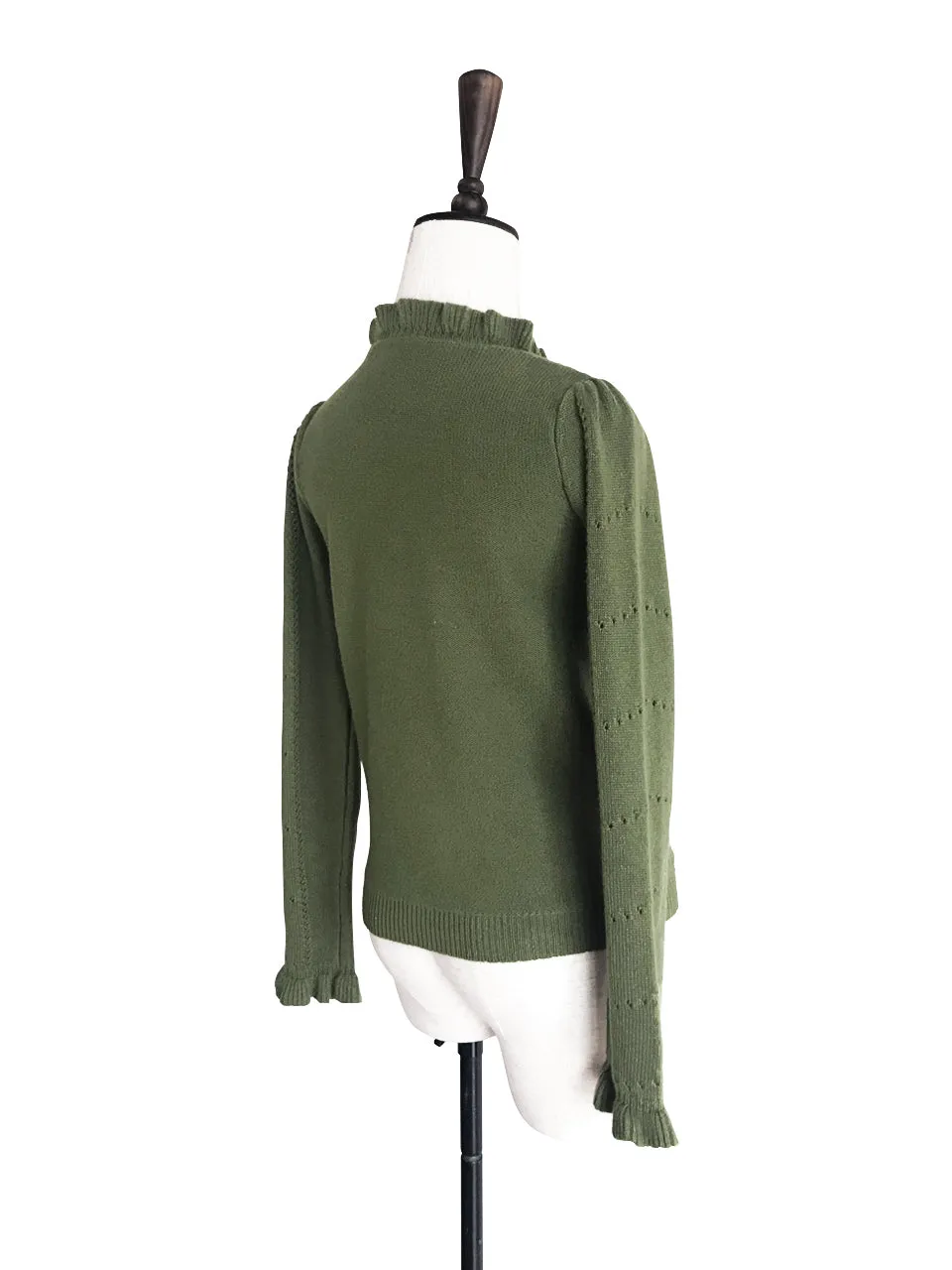 SPECIAL! Olive Green Frill Neck Double Stitch Cashmere Sweater