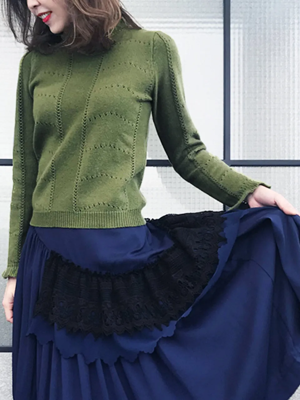 SPECIAL! Olive Green Frill Neck Double Stitch Cashmere Sweater