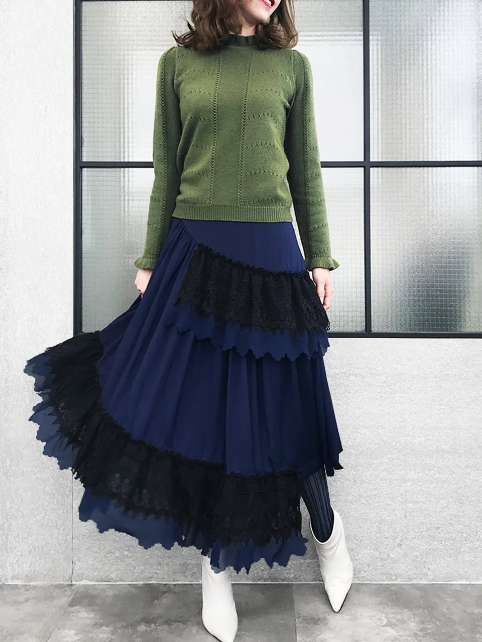 SPECIAL! Olive Green Frill Neck Double Stitch Cashmere Sweater