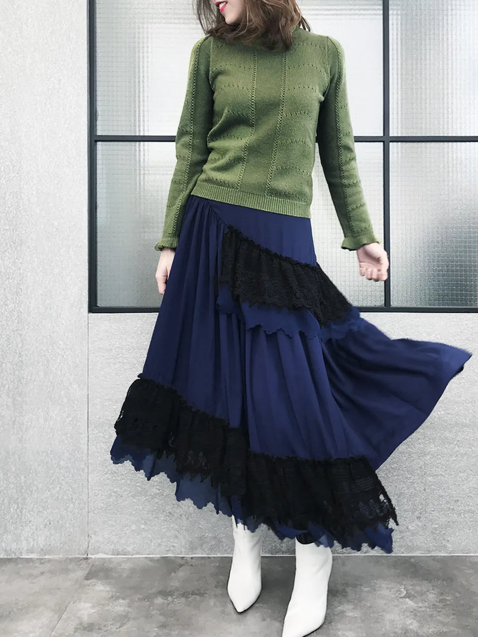 SPECIAL! Olive Green Frill Neck Double Stitch Cashmere Sweater