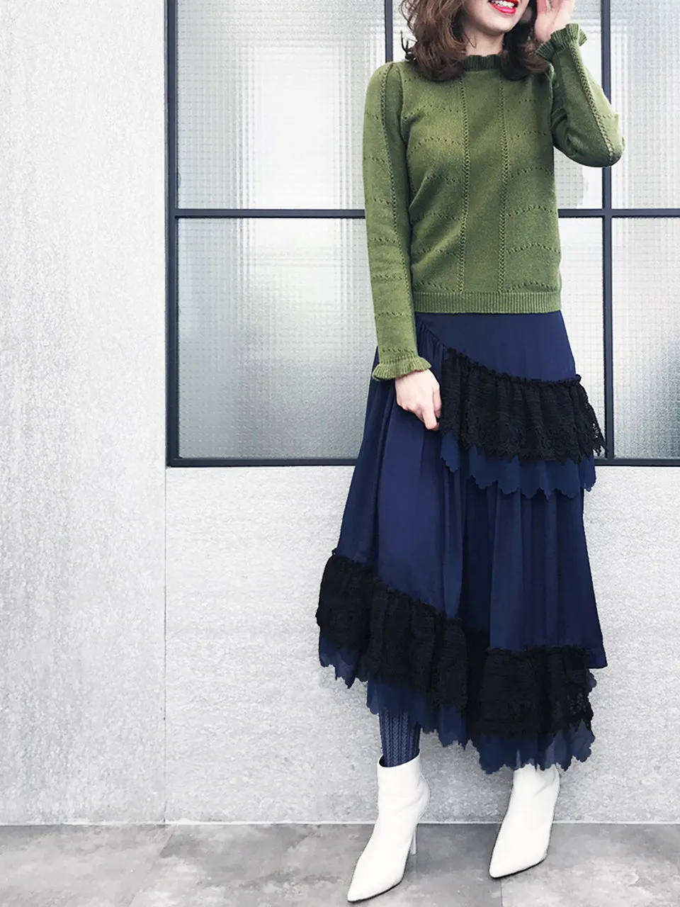 SPECIAL! Olive Green Frill Neck Double Stitch Cashmere Sweater