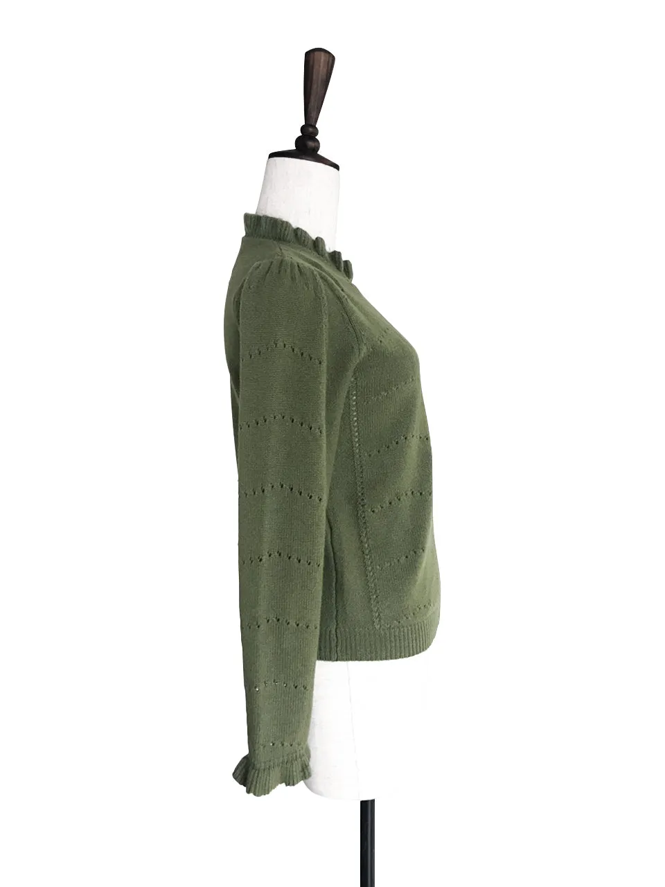 SPECIAL! Olive Green Frill Neck Double Stitch Cashmere Sweater