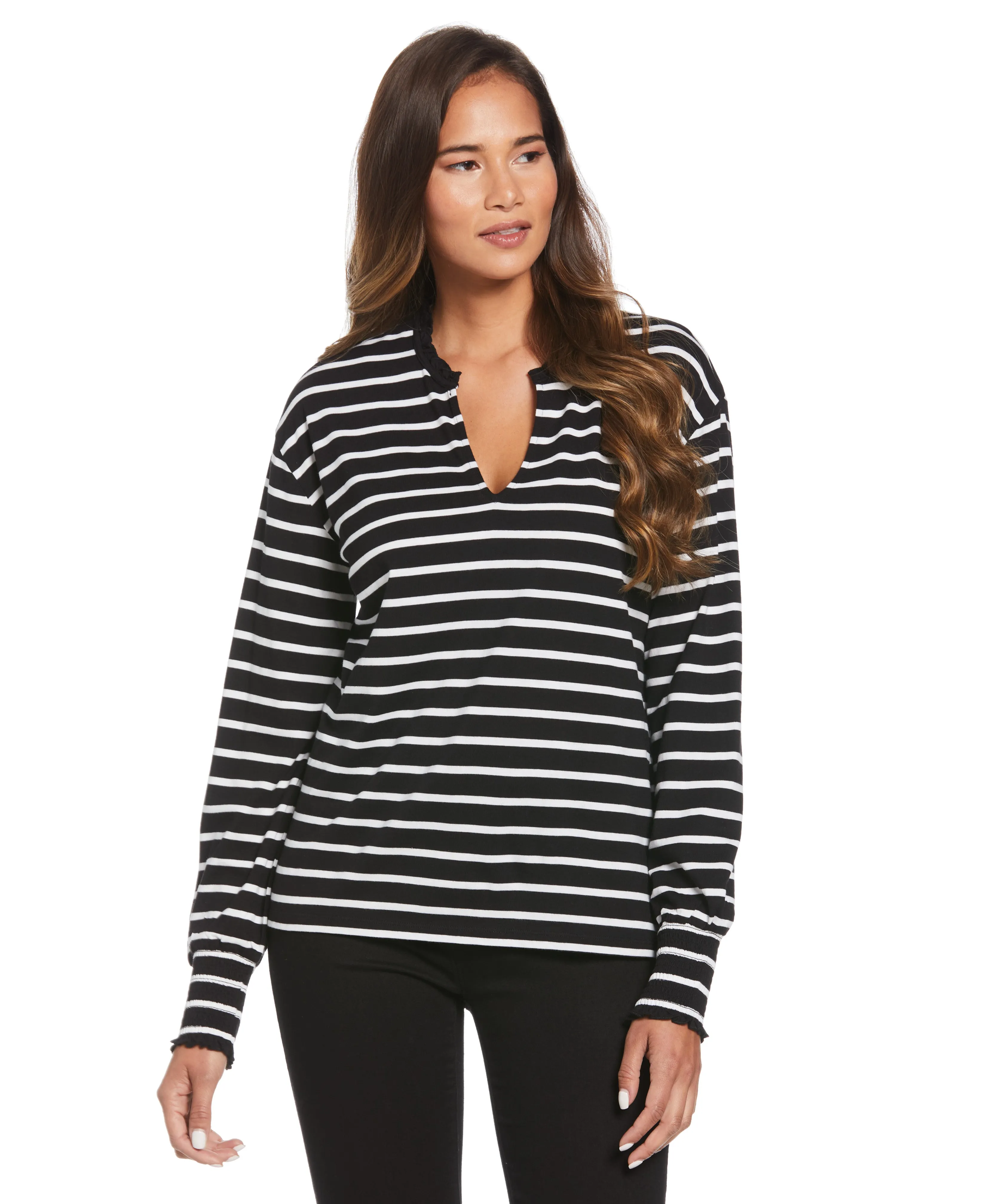 Split V Neck Striped Blouse