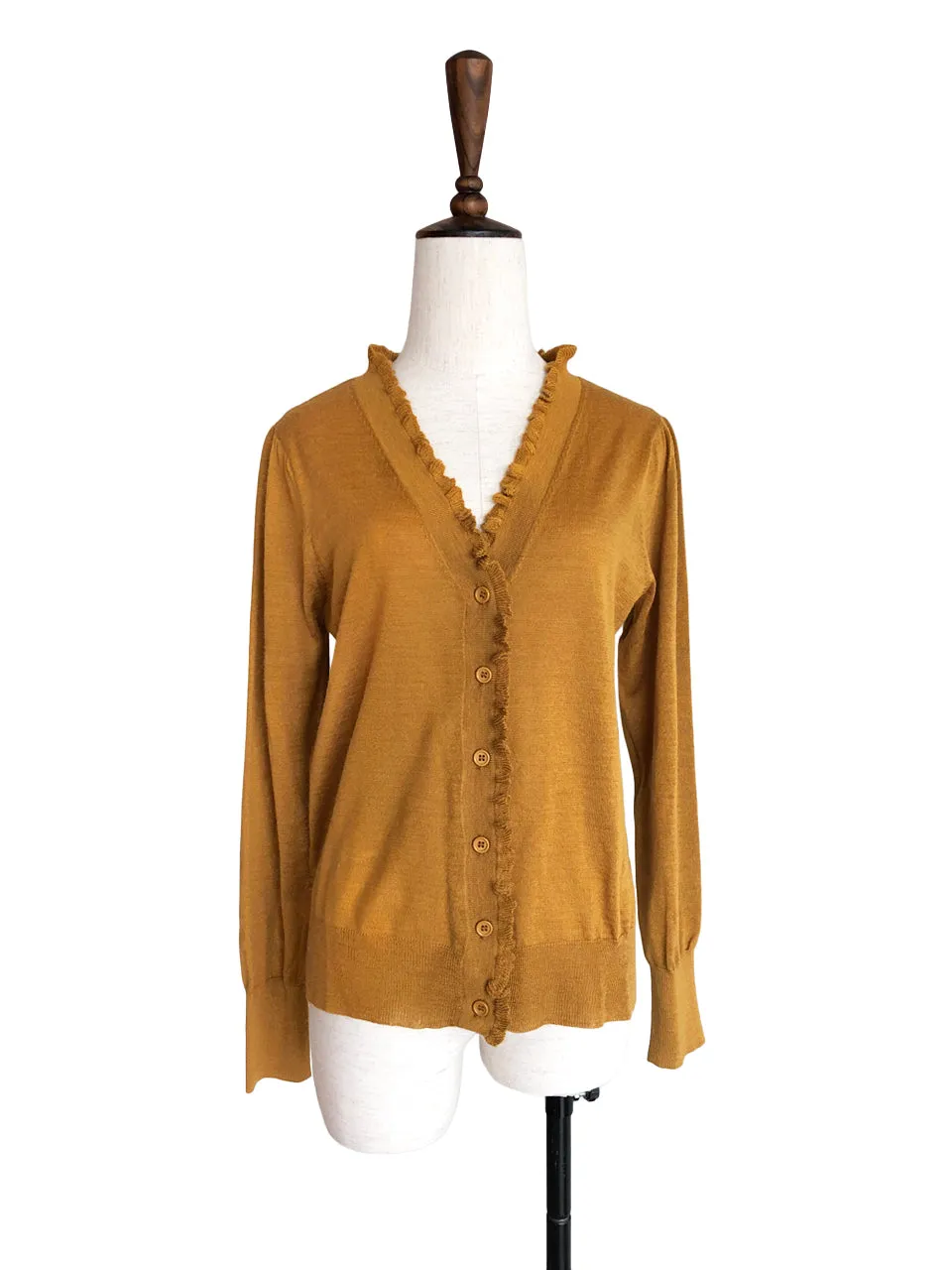 Surprise Sale! Dark Mustard Double V-Neck Frill Detail Cashmere Blend Cardigan Top