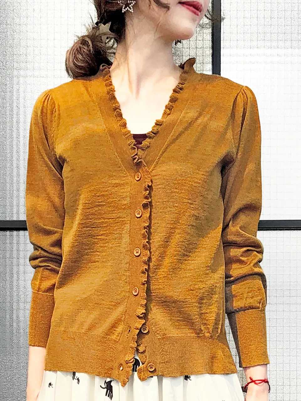 Surprise Sale! Dark Mustard Double V-Neck Frill Detail Cashmere Blend Cardigan Top