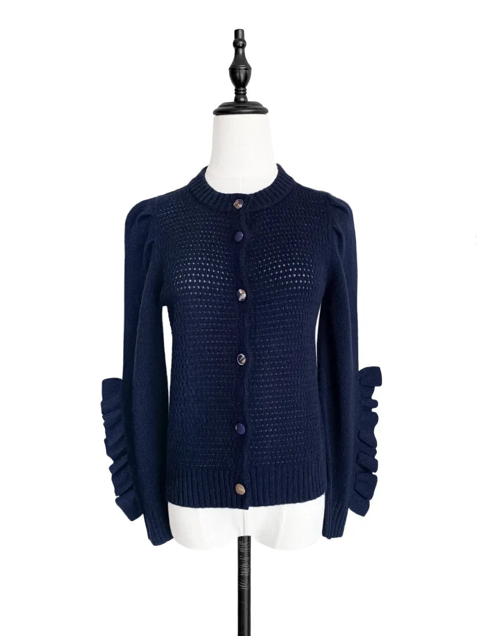 Surprise Sale! Dark Navy Scallop Placket Ruffle Trim Wool & Cashmere Cardigan